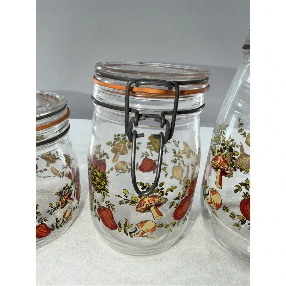 ARC France Vintage Spice Of Life Mushroom Veg Glass Canister Jar Set Of 3 1970s